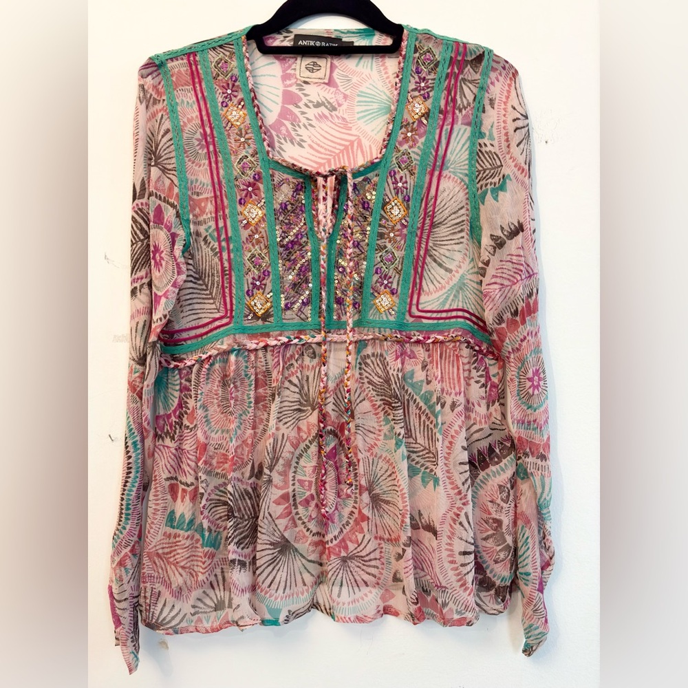 Antik Batik silk print Embroidered Blouse size s .